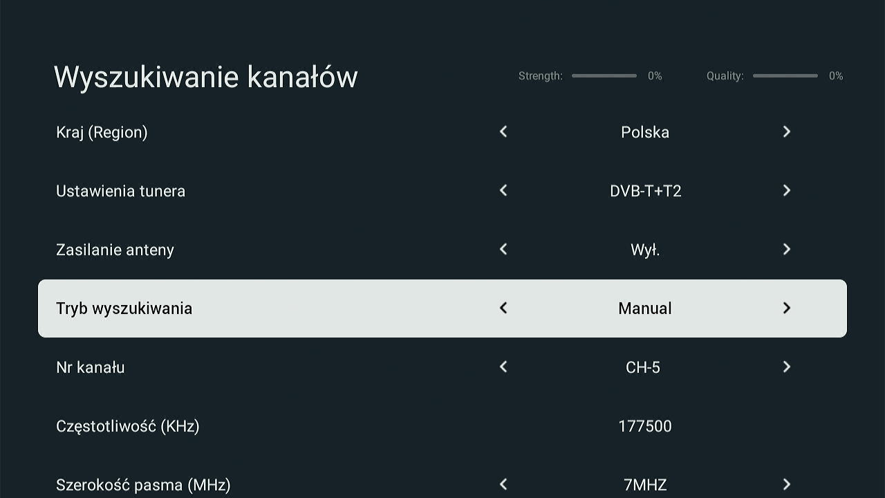 Menu wyszukiwania kanałów